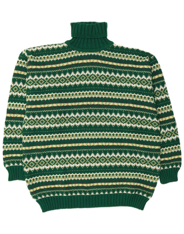 Vintage muški pulover s rol izrezom XL Green Fair Isle vuna