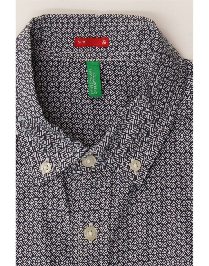BENETTON Mens Slim Short Sleeve Shirt Small Navy Blue Chevron Vintage Benetton and Second-Hand Benetton from Messina Hembry 