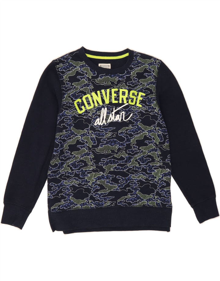 CONVERSE Boys Sweatshirt Jumper 12-13 Years Large Navy Blue Camouflage Vintage Converse and Second-Hand Converse from Messina Hembry 
