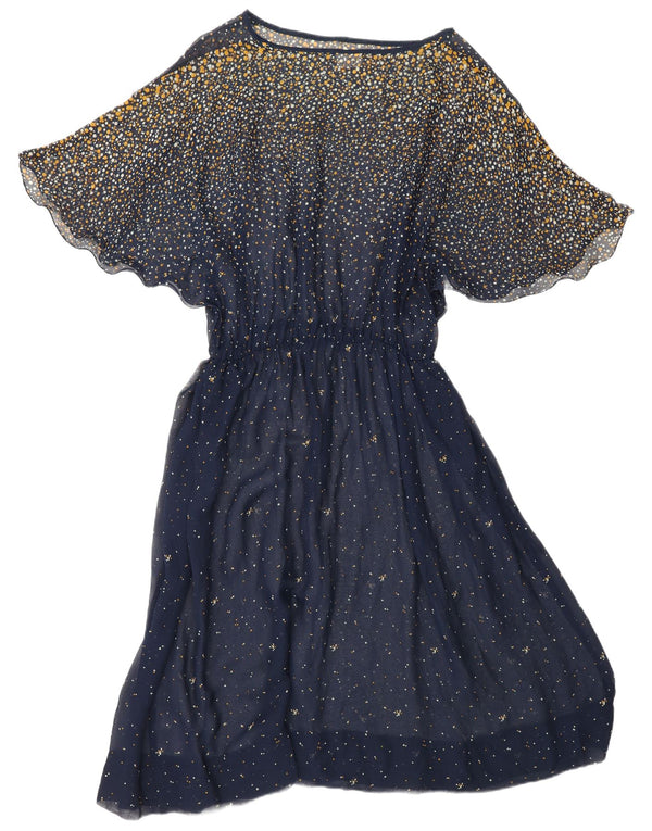 VINTAGE ženska maksi haljina s krilom šišmiša UK 18 XL mornarsko plava točkasta acetat