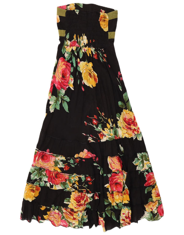 VINTAGE ženska maksi haljina bez naramenica UK 14 Srednje crni cvjetni pamuk