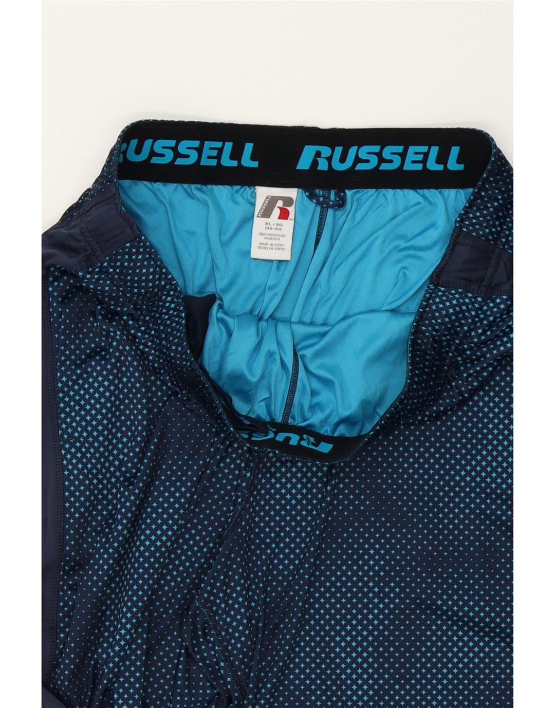 RUSSELL ATHLETIC Mens Abstract Pattern Sport Shorts XL  Blue Polyester Vintage Russell Athletic and Second-Hand Russell Athletic from Messina Hembry 