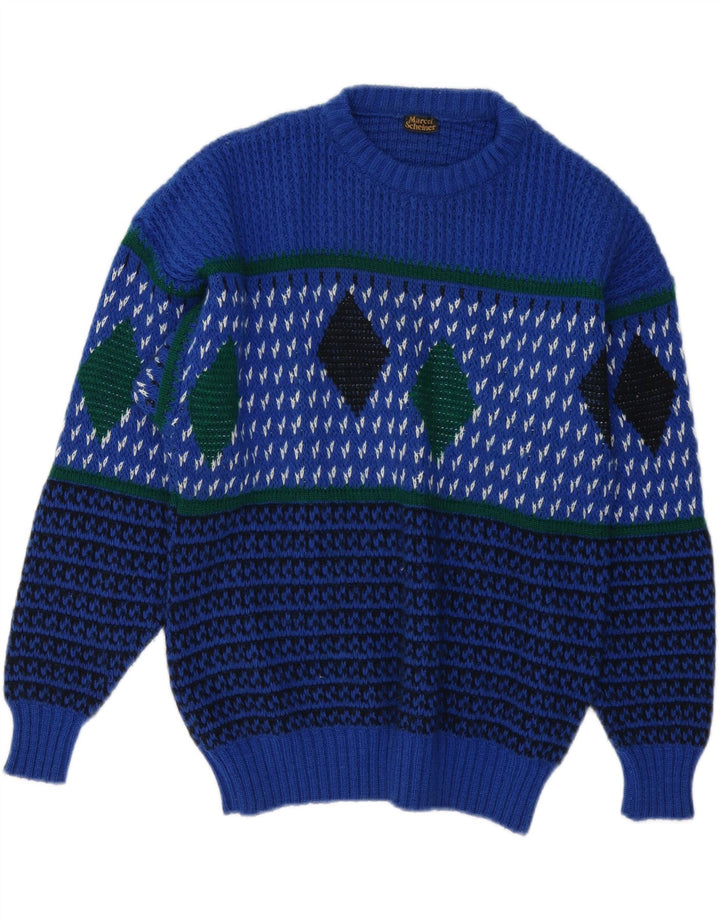 Vintage muški džemper s okruglim izrezom IT 48 Srednje plavi Argyle/Diamond