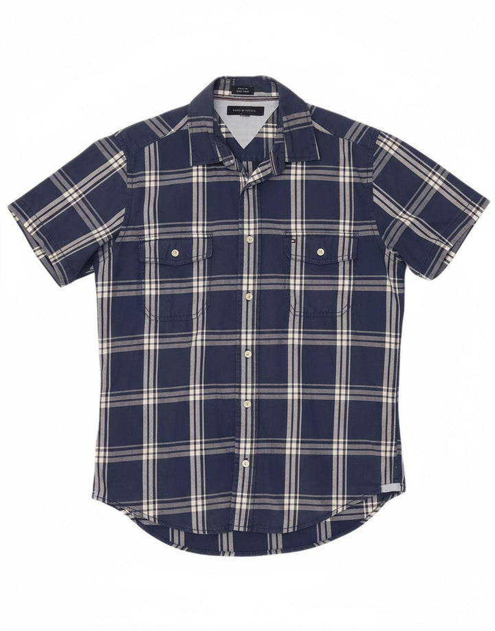 TOMMY HILFIGER Mens Coupe Ajustee Custom Fit Shirt Large Navy Blue Check