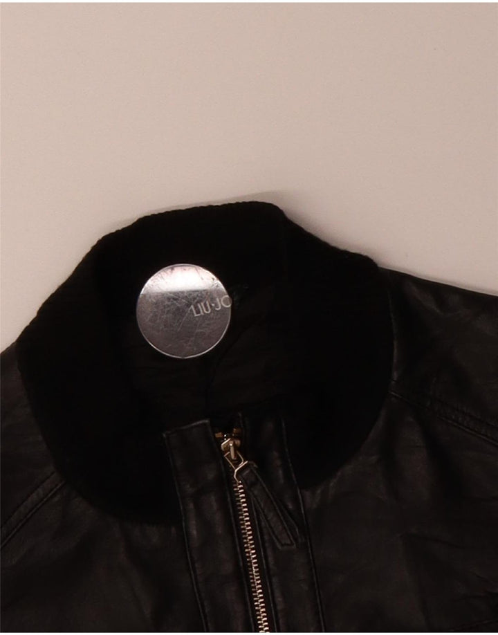 LIU JO Womens Crop Leather Jacket IT 48 XL Black Leather
