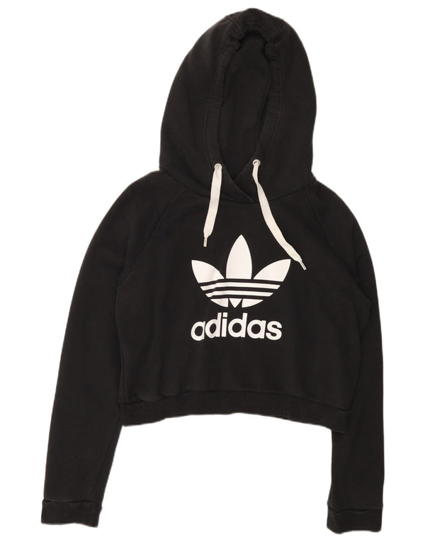 Adidas Womens Graphic Crop Hoodie Jumper UK 14 Medium Black Cotton
