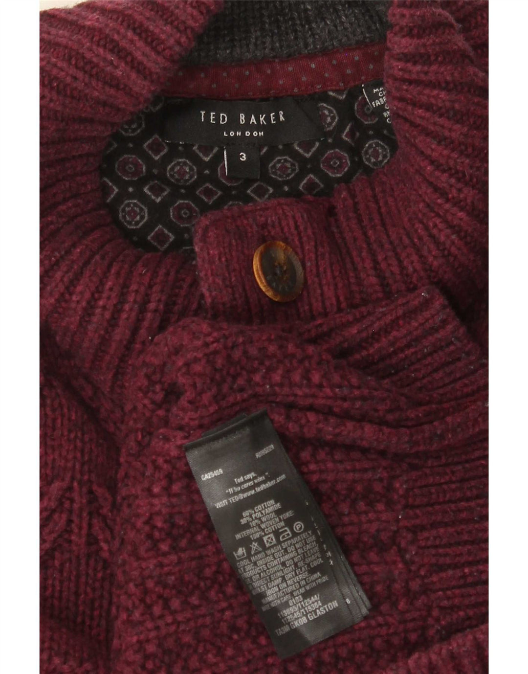 Ted Baker muški džemper s dugmadima i ovratnikom, veličina 3, srednje tamnocrveni pamuk