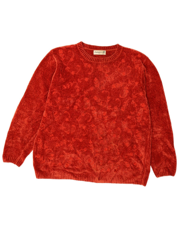 VINTAGE ženski džemper s okruglim izrezom od baršuna UK 16 Veliki crveni cvjetni