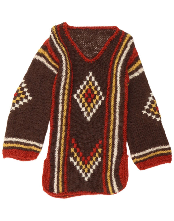 Vintage ženski džemper s V-izrezom UK 12 Srednje smeđi Geometric Aztec