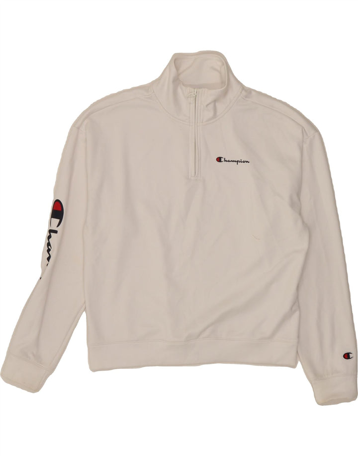 CHAMPION Womens Oversized Graphic Sweatshirt Jumper UK 14 Medium White Vintage Champion and Second-Hand Champion from Messina Hembry 