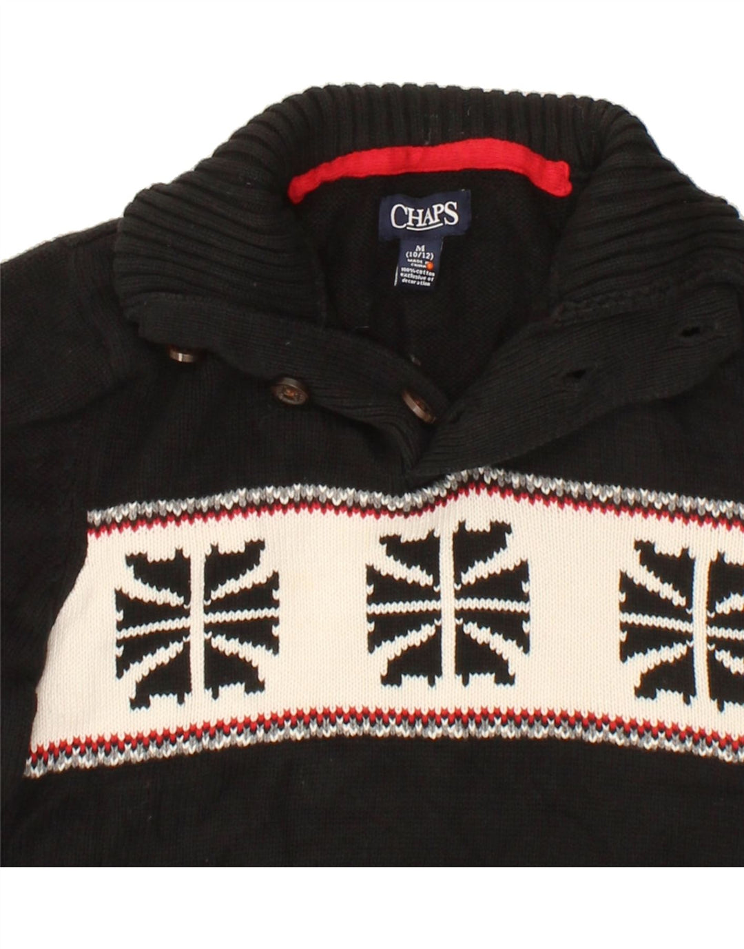 CHAPS Boys Button Neck Jumper Sweater 10-11 Years Medium Black Fair Isle Vintage Chaps and Second-Hand Chaps from Messina Hembry 