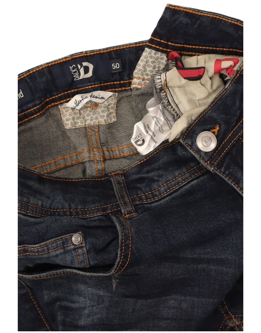 DACK'S Mens Distressed Slim Jeans IT 50 Large W34 L31 Navy Blue Cotton