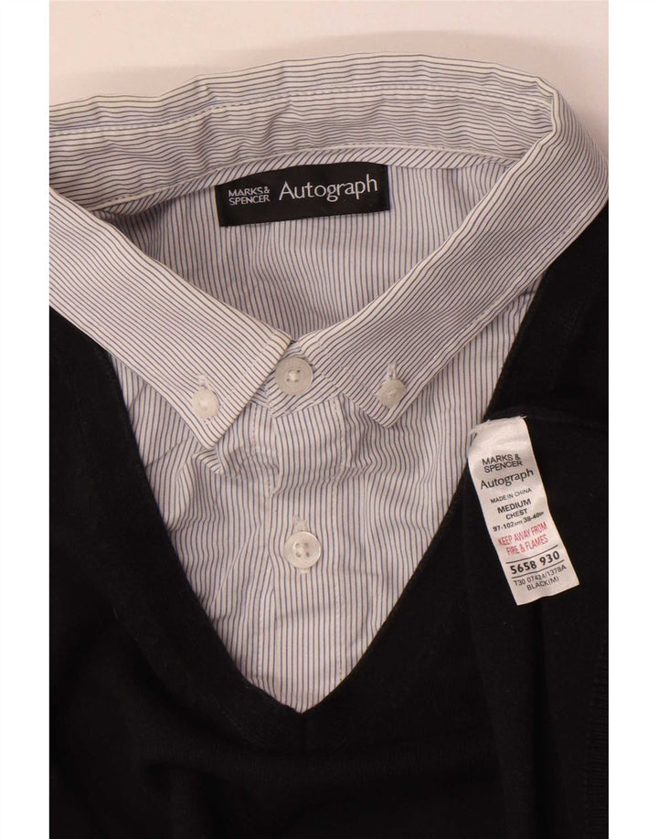 Marks & Spencer muški džemper s autogramom V-izreza, srednje crni pamuk