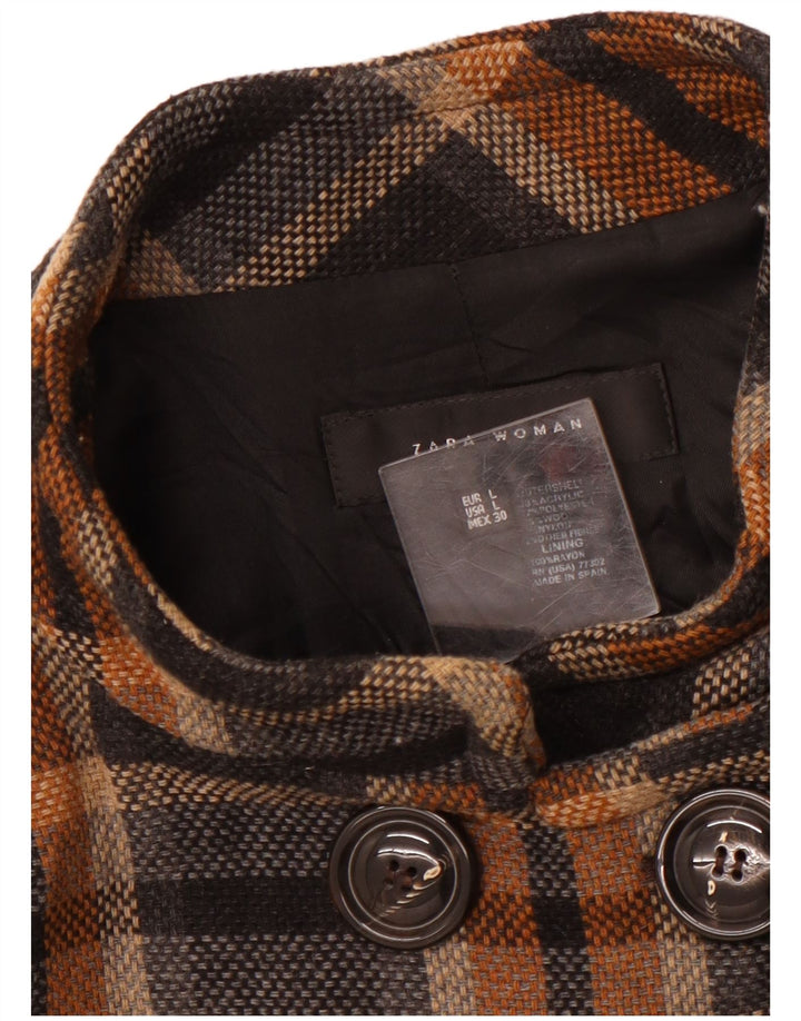 ZARA ženski kaput s dvorednim kopčanjem UK 14 Veliki crni karirani akril