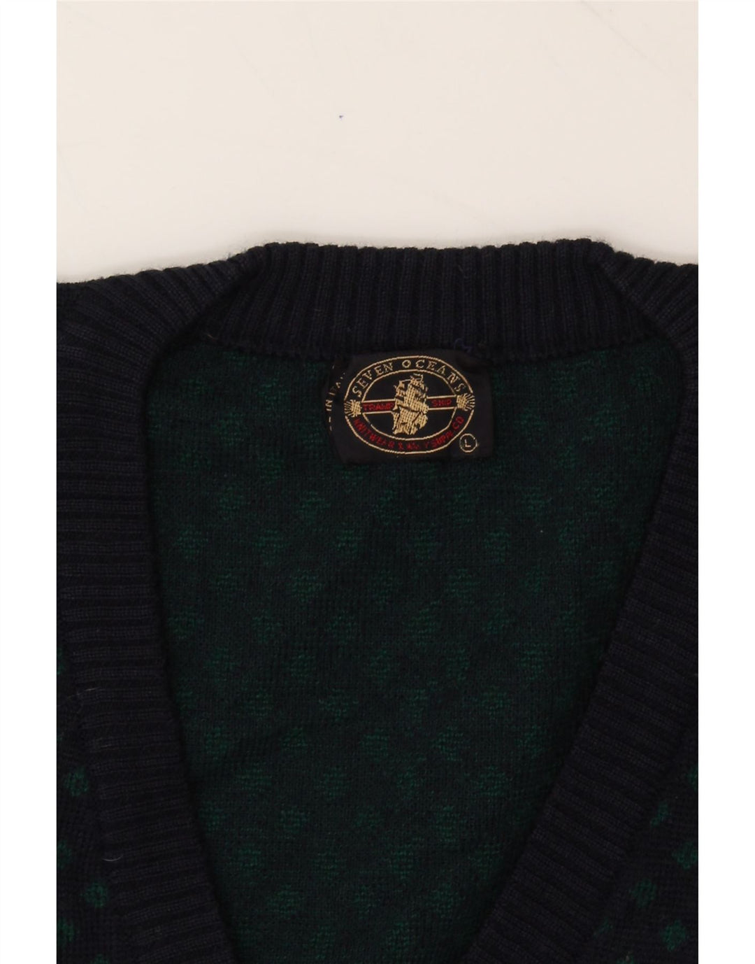 VINTAGE Mens V-Neck Jumper Sweater Large Navy Blue Argyle/Diamond Wool Vintage Vintage and Second-Hand Vintage from Messina Hembry 