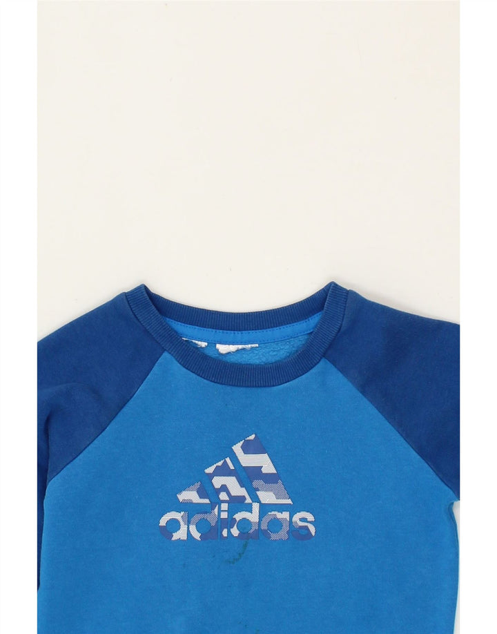 ADIDAS Boys Graphic Sweatshirt Jumper 2-3 Years Blue Colourblock Vintage Adidas and Second-Hand Adidas from Messina Hembry 