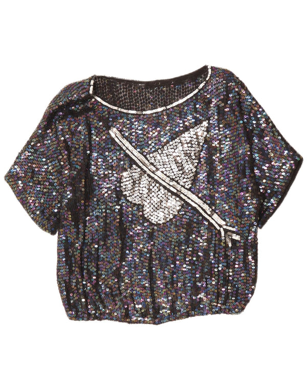 VINTAGE gornji dio ženske grafičke bluze UK 14 Veliko crno srce s mrljama