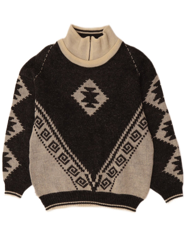 VINTAGE muški džemper s izrezom s patentnim zatvaračem IT 46 Small Black Fair Isle