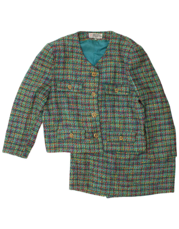 VINTAGE Ženska dvodijelna suknja s 4 gumba IT 48 XL W32 Zelena karirana vuna