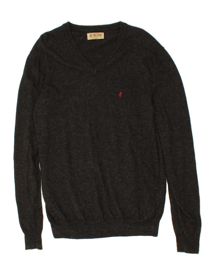 MARLBORO CLASSICS Mens V-Neck Jumper Sweater Medium Grey Flecked Polyester Vintage Marlboro Classics and Second-Hand Marlboro Classics from Messina Hembry 