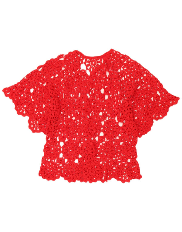 VINTAGE Heklani ženski kardigan kratkih rukava UK 12 Srednje crveni cvjetni