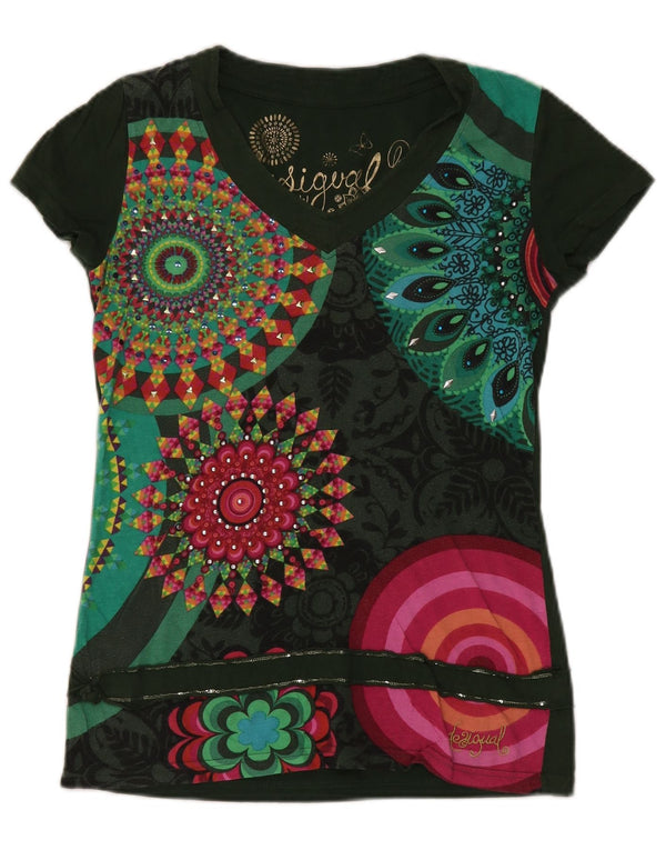 Ženska majica kratkih rukava Desigual s grafičkim motivima UK 12 srednje zelene boje