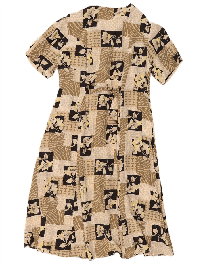 Vintage ženska čajna haljina UK 14 srednje bež patchwork svila