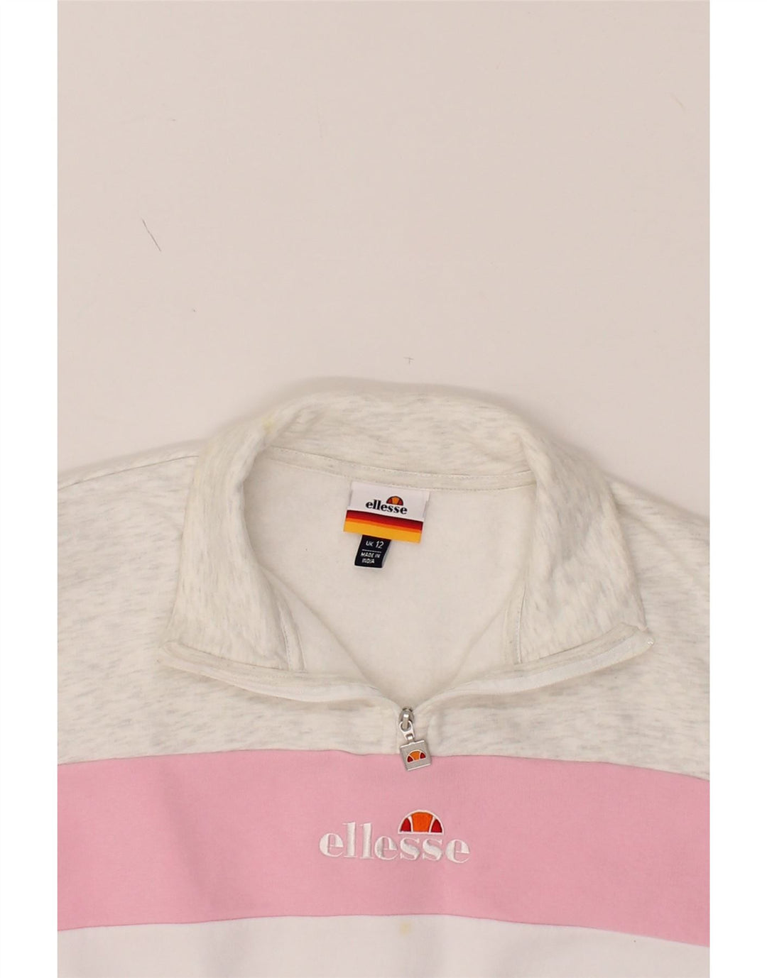 ELLESSE Womens Graphic Zip Neck Sweatshirt Jumper UK 12 Medium White Vintage Ellesse and Second-Hand Ellesse from Messina Hembry 