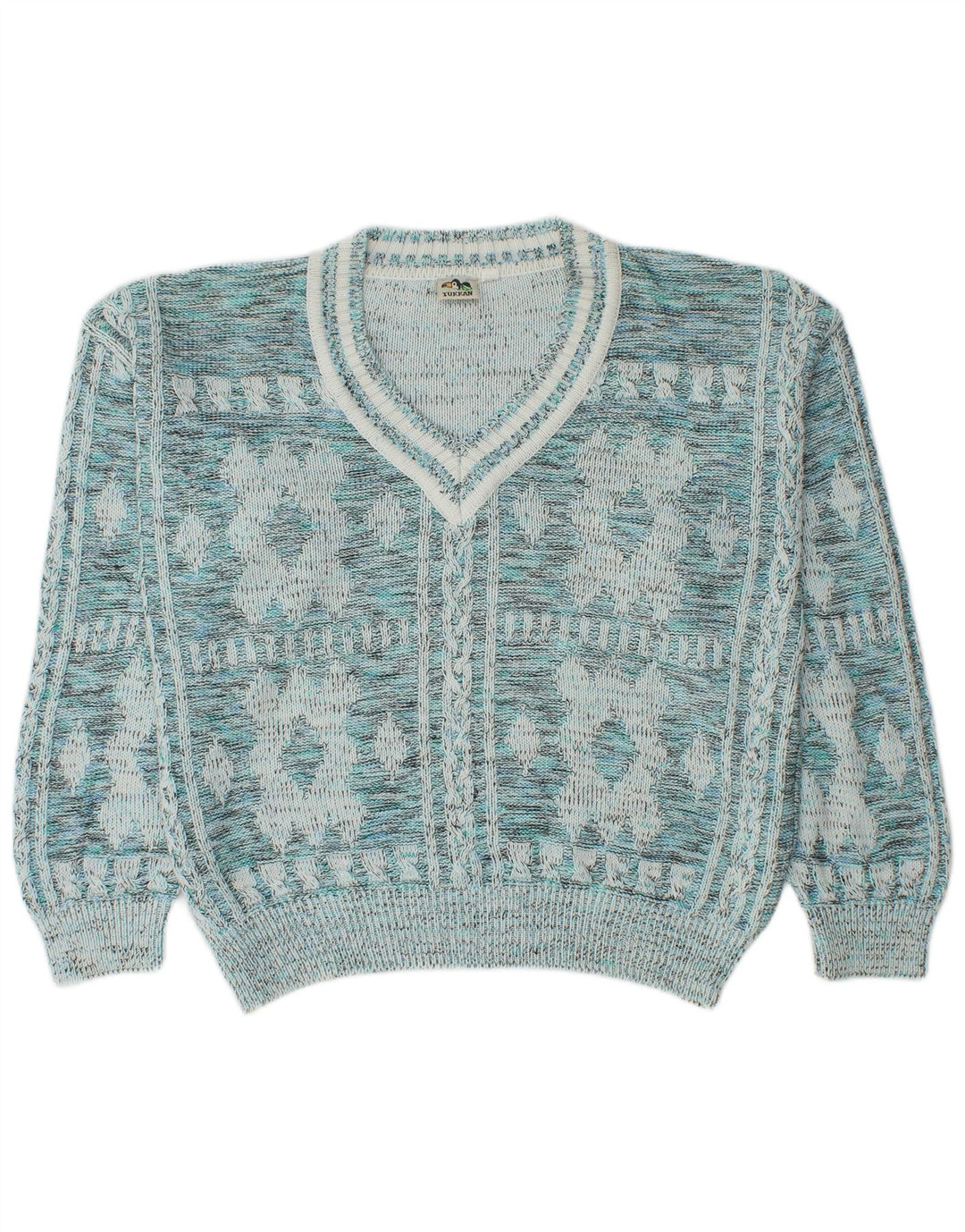 Vintage muški džemper s V-izrezom IT 52 Veliki plavi geometrijski pamuk