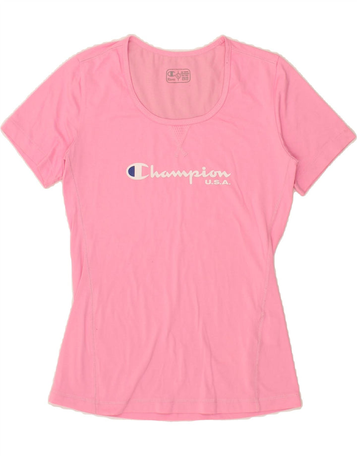 CHAMPION Womens Graphic T-Shirt Top UK 14 Large Pink Polyester Vintage Champion and Second-Hand Champion from Messina Hembry 