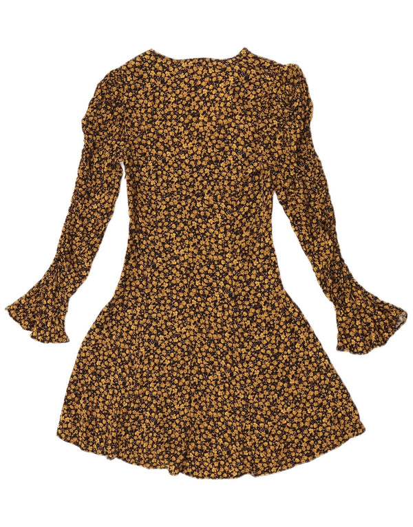 Zara ženska haljina A-kroja dugih rukava UK 4 XS Žuta cvjetna viskoza