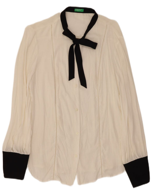 BENETTON Ženska košulja s leptir mašnom UK 16 Velika bijela boja, viskoza