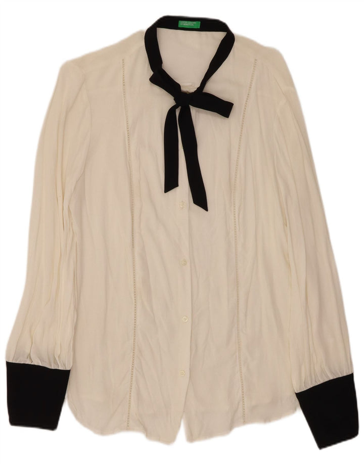 BENETTON Ženska košulja s leptir mašnom UK 16 Velika bijela boja, viskoza