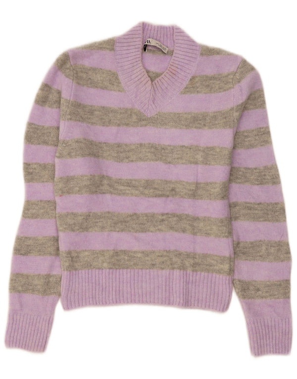 Zara ženski kratki džemper s V-izrezom UK 10 male ljubičaste pruge