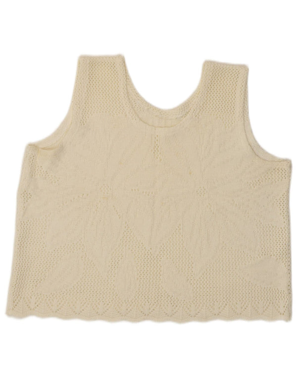 Vintage ženski kratki prsluk, majica bez rukava UK 16 Large Off White Floral