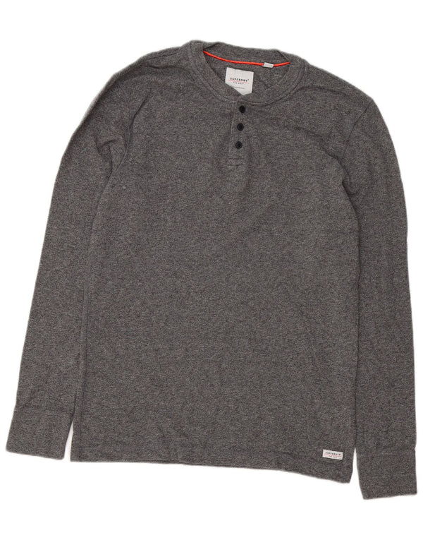 Superdry Mens Henley Top Long Sleeve XL Grey Flecked Cotton