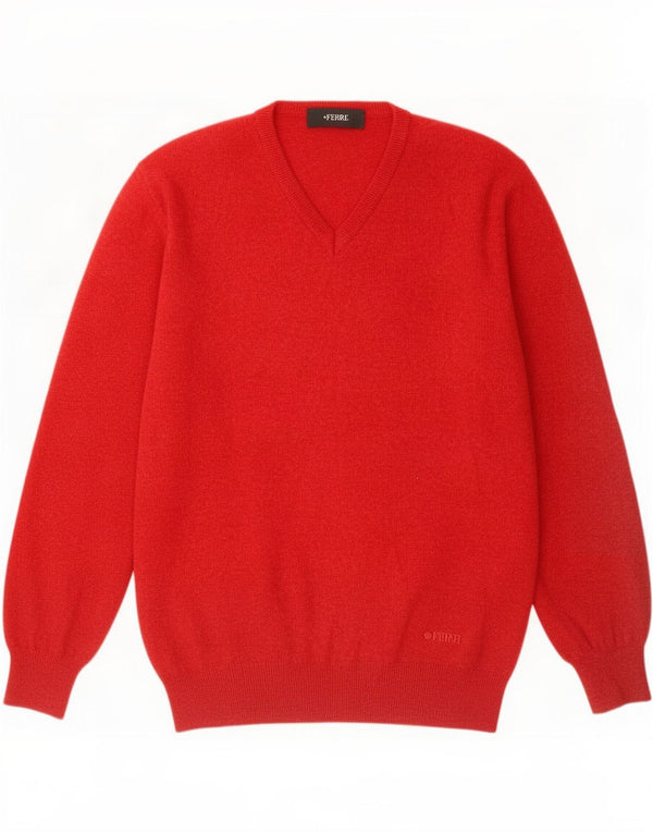 Ferre Mens V-Neck Jumper Sweater Medium Red Wool
