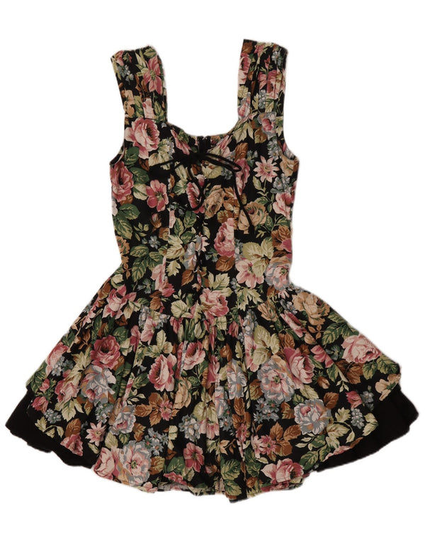 Vintage ženska okretna haljina bez rukava UK 12 Srednje crni cvjetni pamuk