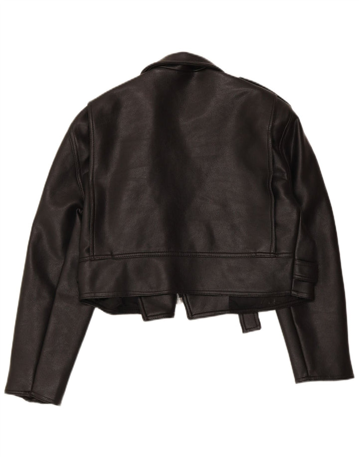 VINTAGE ženska prevelika crop kožna biciklistička jakna UK 10 Mala crna