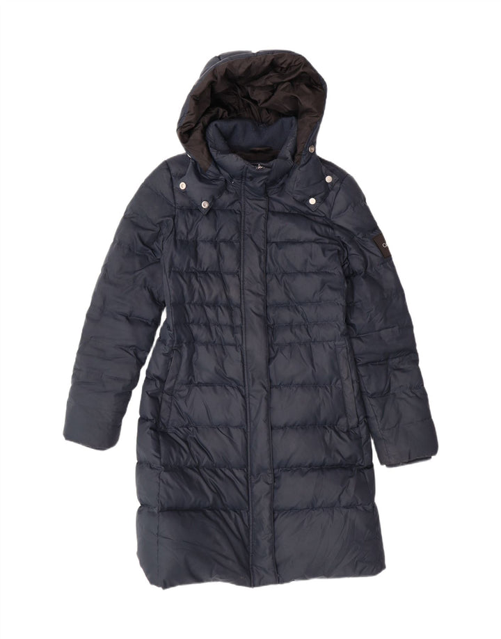 CALVIN KLEIN Womens Hooded Padded Coat UK 10 Small Navy Blue Polyester Vintage Calvin Klein and Second-Hand Calvin Klein from Messina Hembry 