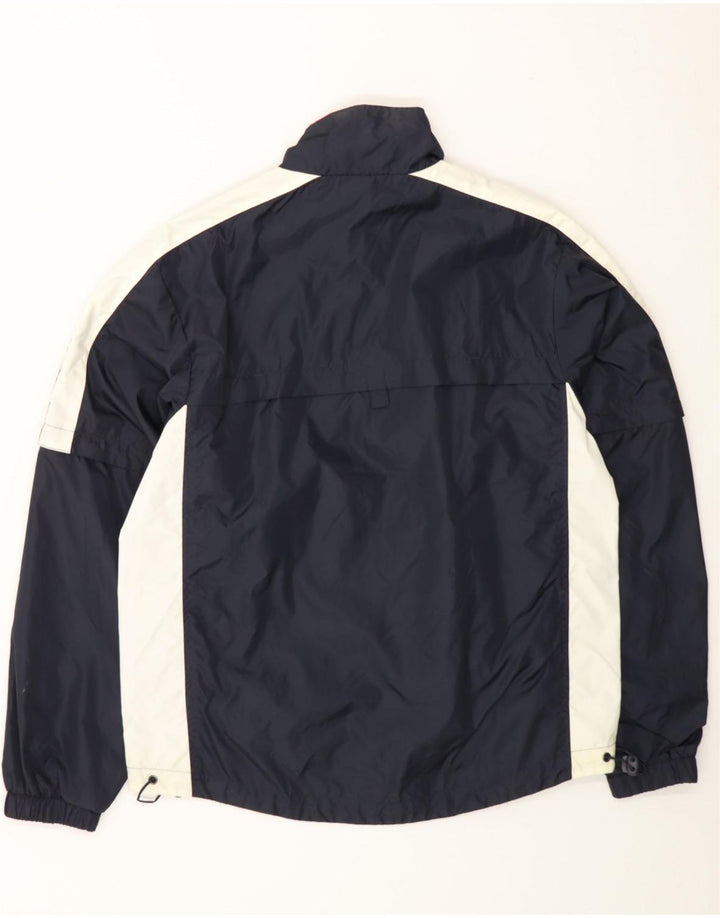 SPALDING Mens Graphic Rain Jacket UK 36 Small Navy Blue Colourblock Nylon Vintage Spalding and Second-Hand Spalding from Messina Hembry 