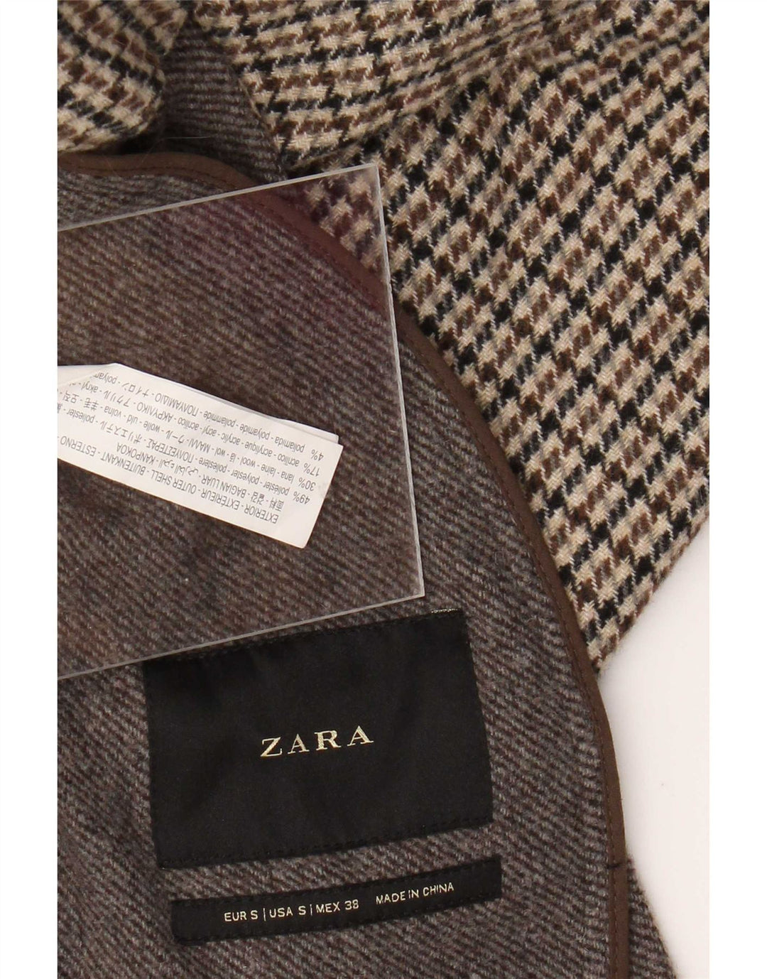 Zara Mens Overcoat UK 36 Small Brown Houndstooth Polyester