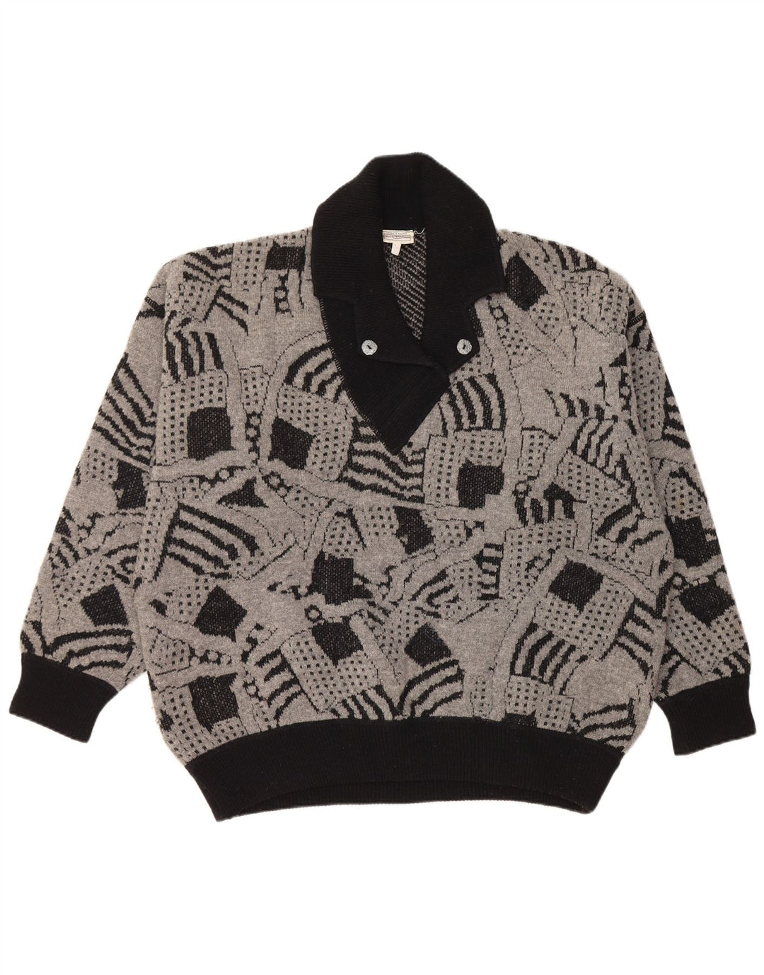 VINTAGE ženski džemper sa šal izrezom UK 16 Veliki sivi geometrijski