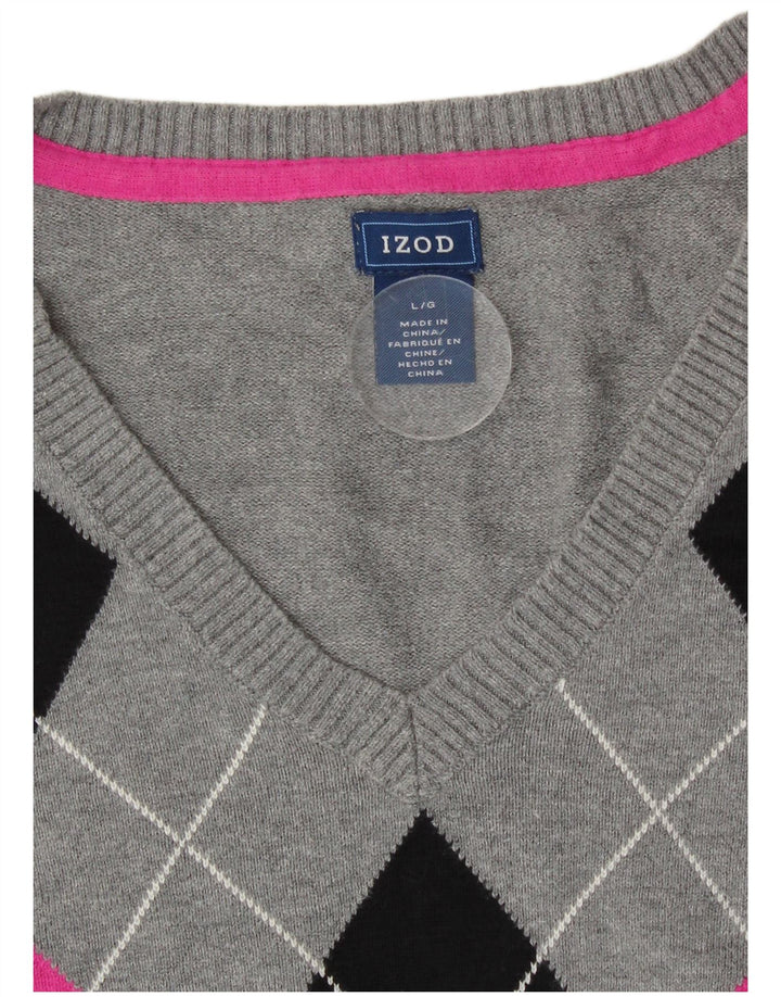 Izod ženski džemper s V-izrezom UK 14 Large Gray Argyle/Diamond