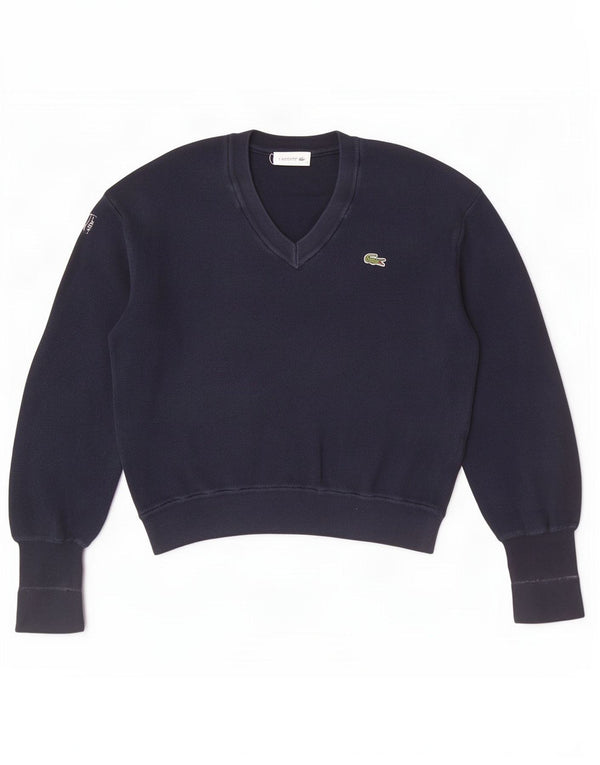 Lacoste Womens Crop V-Neck Jumper Sweater Size 38 Medium Navy Blue Cotton