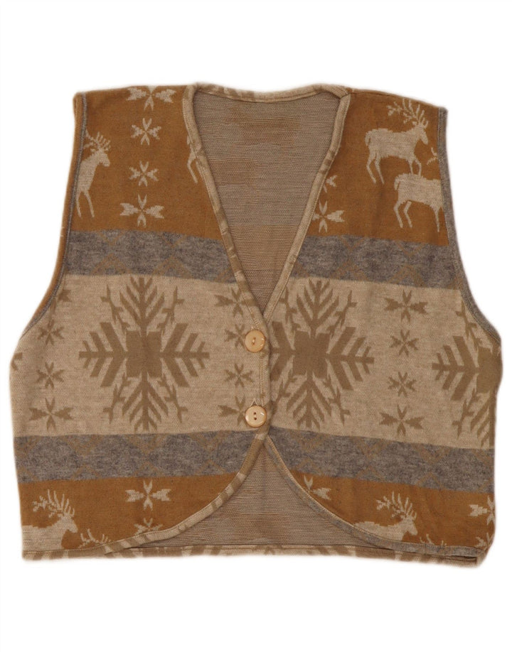 VINTAGE ženski kratki kardigan pulover UK 14 srednje bež boje Fair Isle