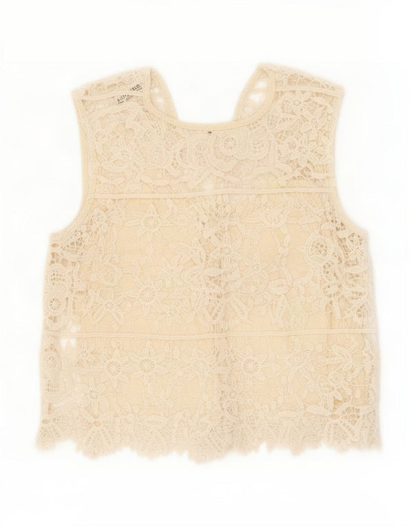 Zara ženska vrhunska čipkasta bluza bez rukava UK 4 XS bež cvjetni pamuk