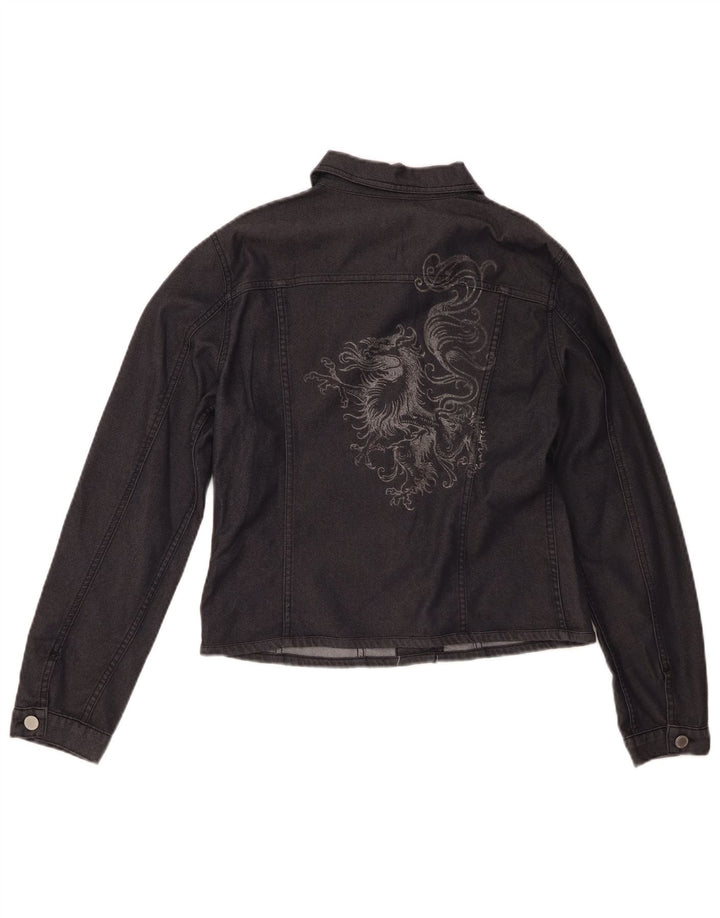 BENETTON Womens Crop Graphic Denim Jacket UK 14 Medium Black Cotton