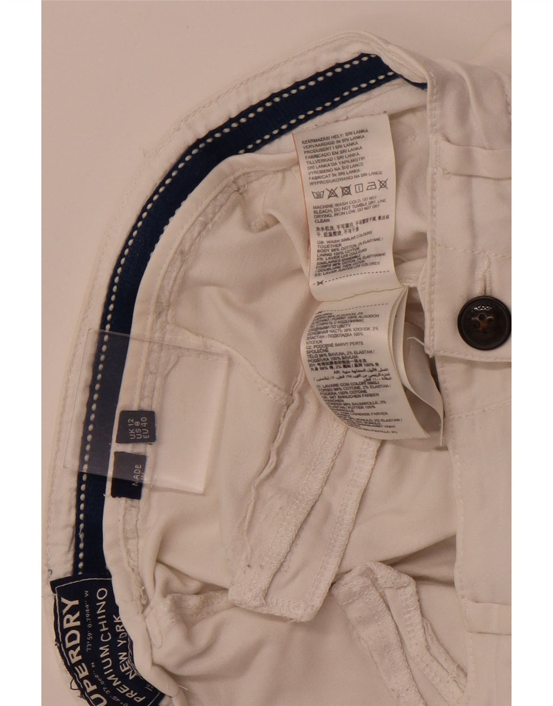 SUPERDRY ženske uske chino hlače UK 12 srednje W32 L29 bijeli pamuk