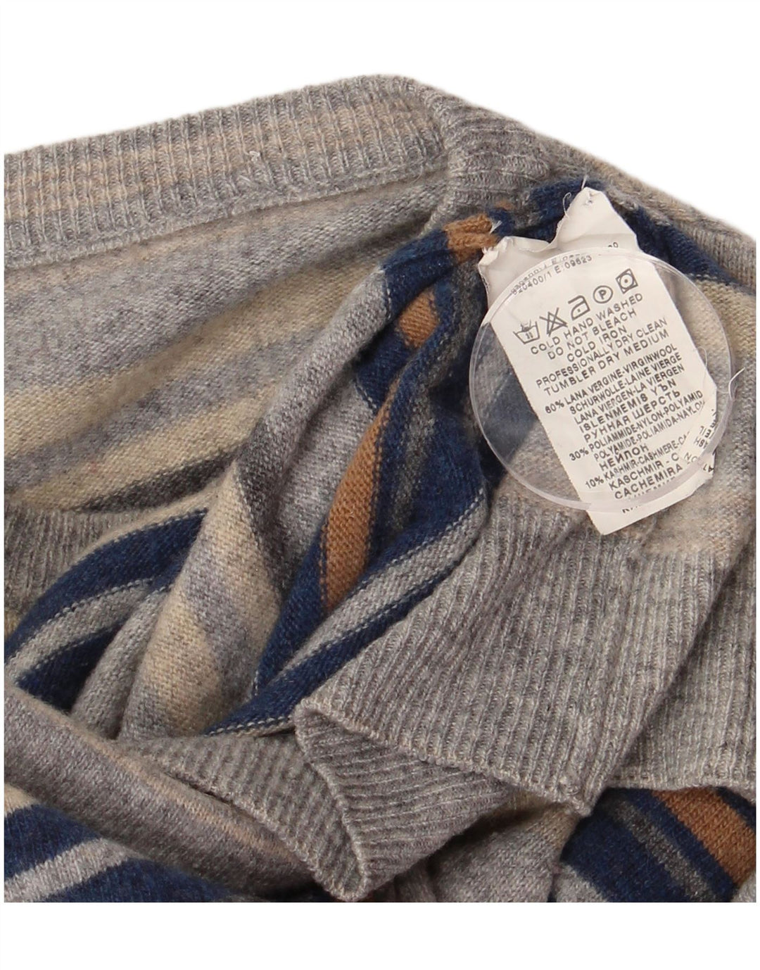 Vintage muški džemper s okruglim izrezom, mali sivi prugasti vuneni džemper